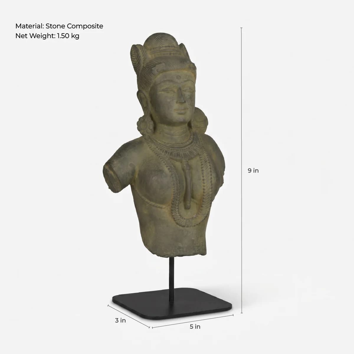 A three-quarter view of the Female Figure Bust Sculpture, a stone composite replica showing detailed Chola style craftsmanship.