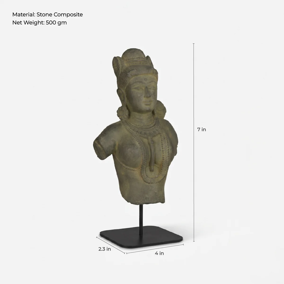 A three-quarter view of the Female Figure Bust Sculpture in stone composite, displayed on a black stand with dimension annotations.