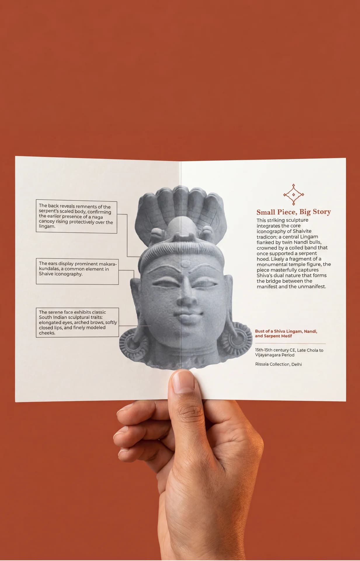 A hand holds a brochure displaying the Shiva Lingam with Nandi & Serpent stone composite replica with detailed anatomical annotations.