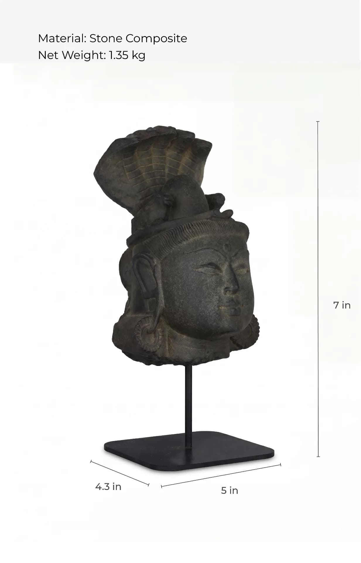 A side profile view of the Shiva Lingam with Nandi & Serpent stone composite replica, showing height and width dimensions.