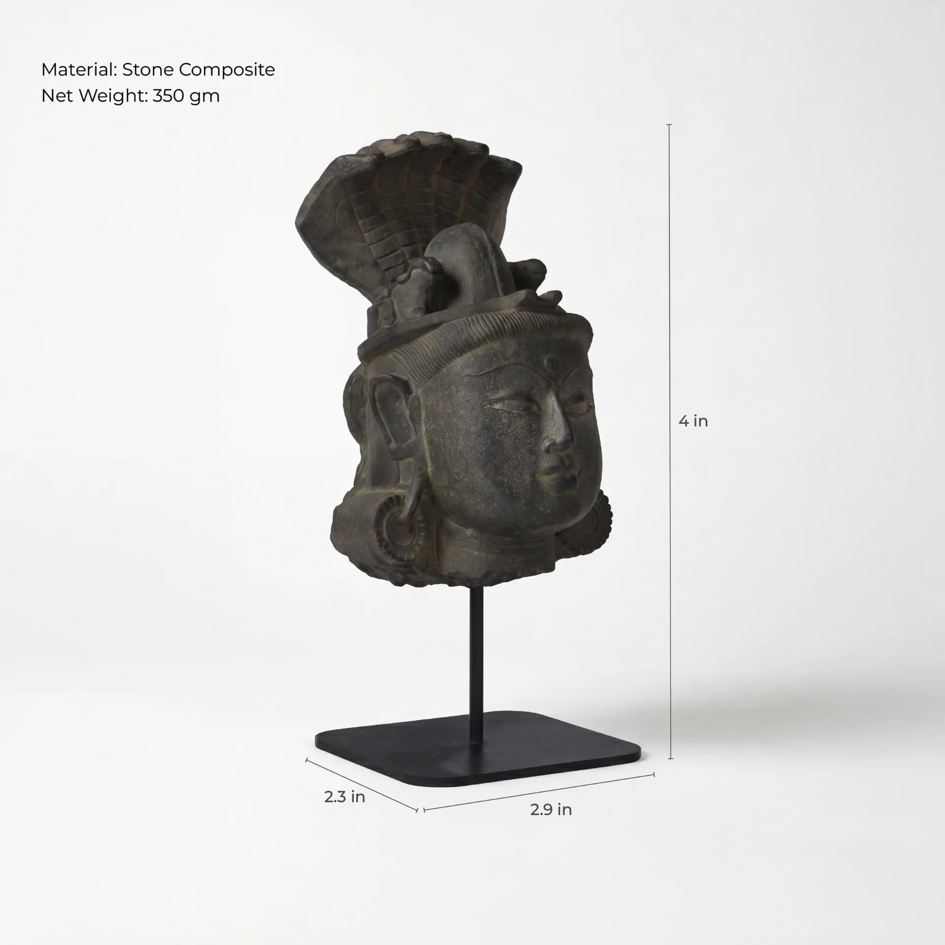 A three-quarter view of the Shiva Lingam with Nandi & Serpent stone composite replica, showing height and width measurements.