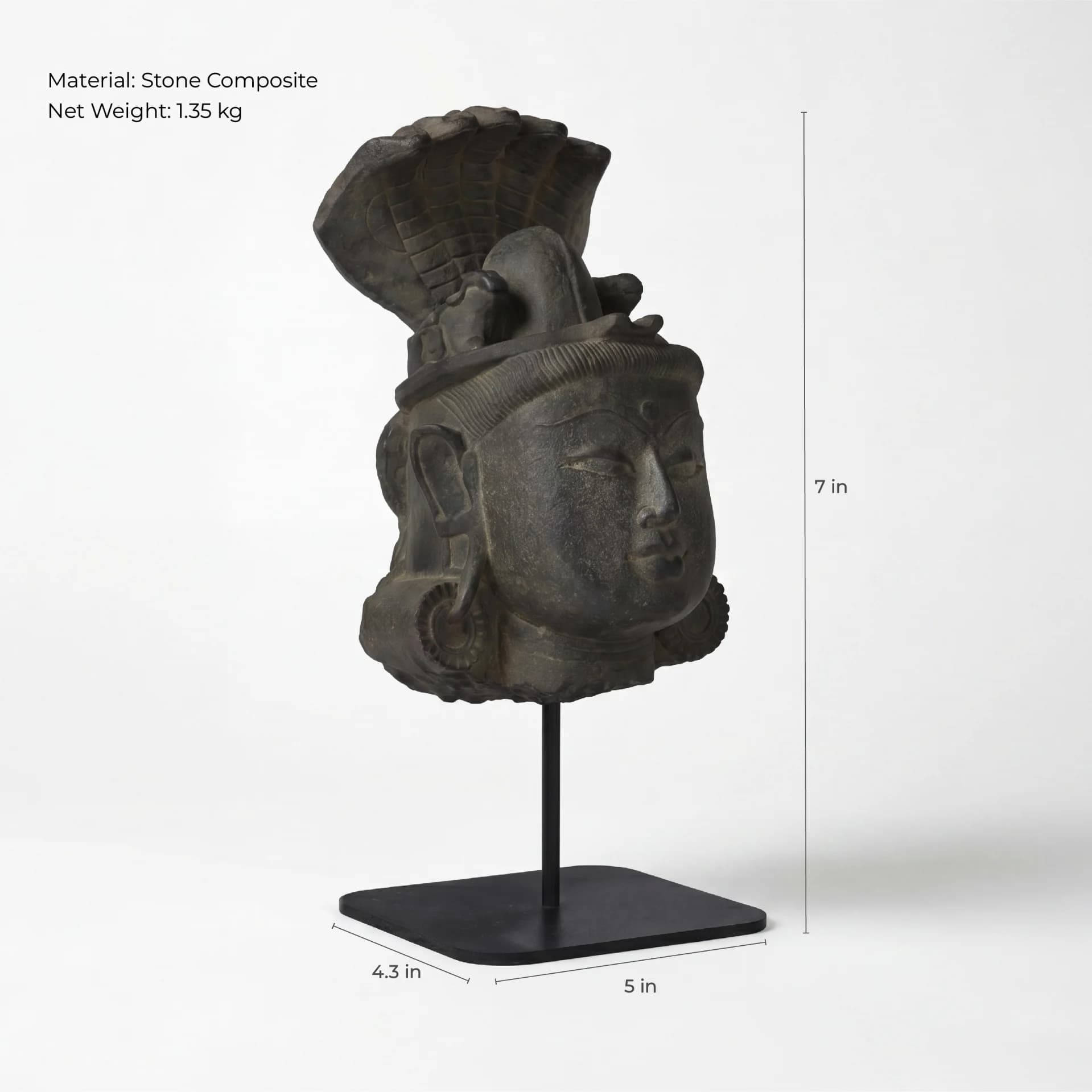 A three-quarter view of the Shiva Lingam with Nandi & Serpent stone composite replica showing height and width measurements.