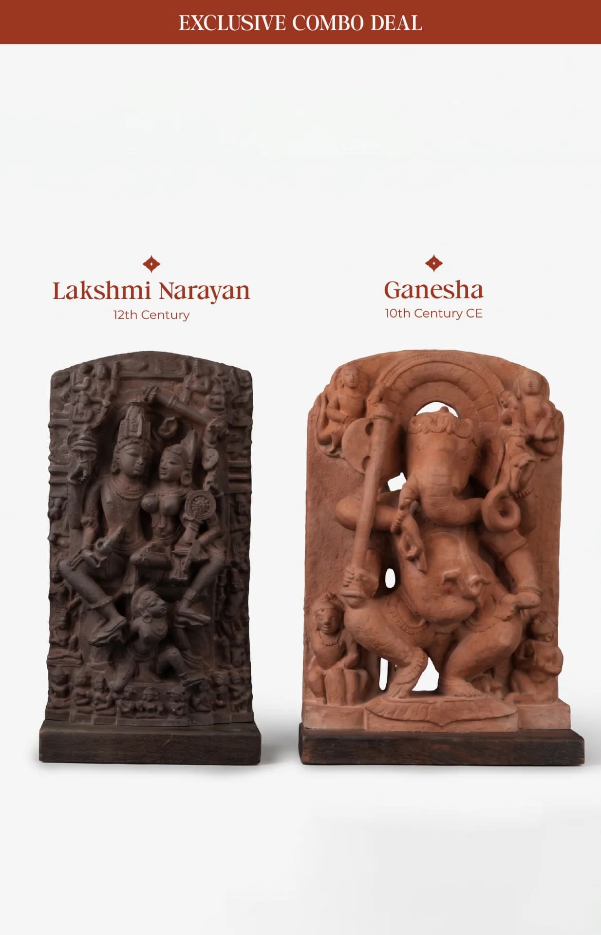 A ganesha laxmi narayan combo featuring two detailed sandstone replica sculptures displayed side-by-side against a clean white background.
