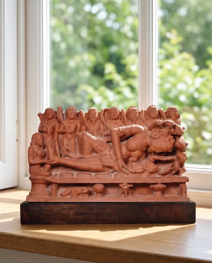 A terracotta-style Krishna's Birth Sculpture sits on a wooden base, depicting Devaki and guards in intricate relief detail.