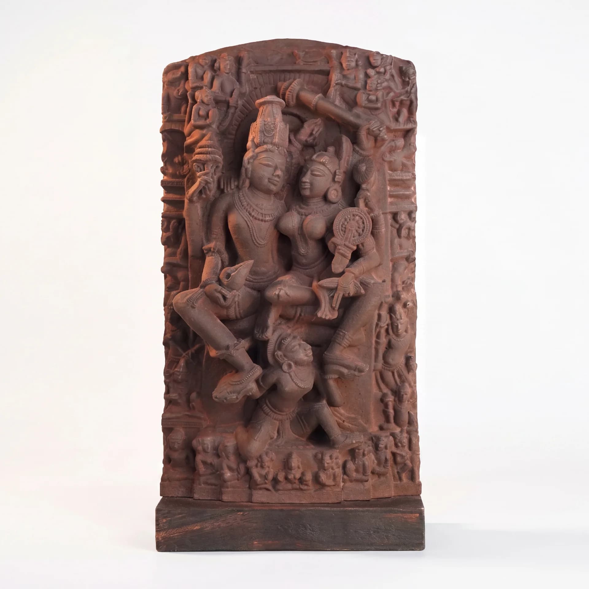 A front-facing view of the Lakshmi Narayan Sculpture, a hand-finished stone-style replica featuring intricate 12th-century divine iconography.