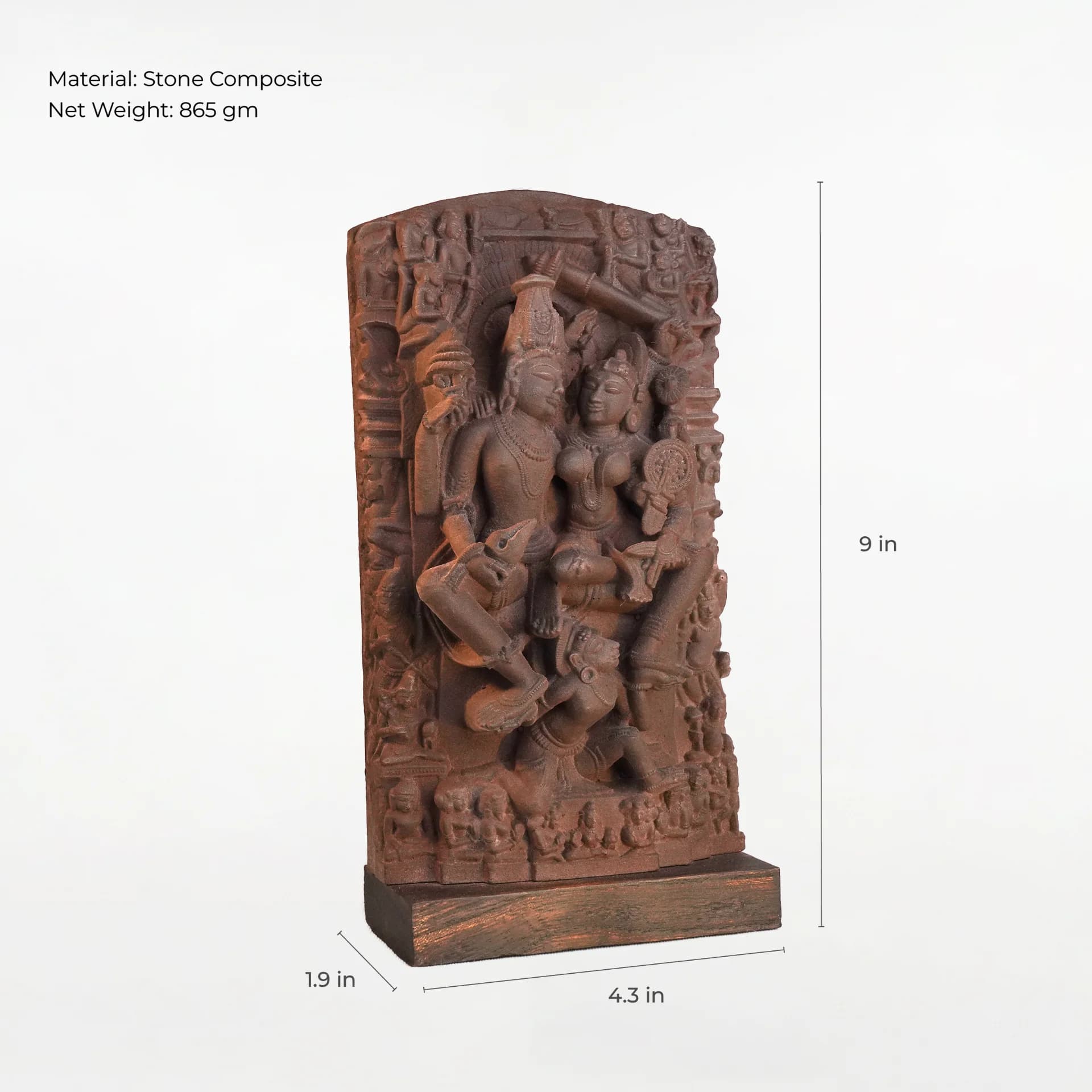 A stone composite Lakshmi Narayan Sculpture showing intricate 12th-century carvings with measurement lines indicating height, width, and depth.