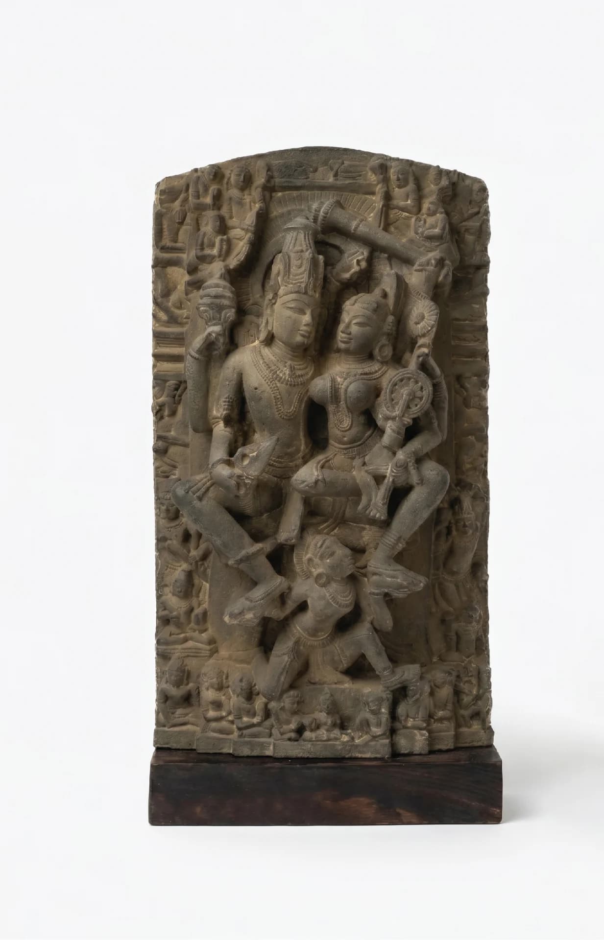 A full-front view of the Lakshmi Narayan Sculpture, a hand-finished stone-style replica featuring intricate 12th-century divine iconography.