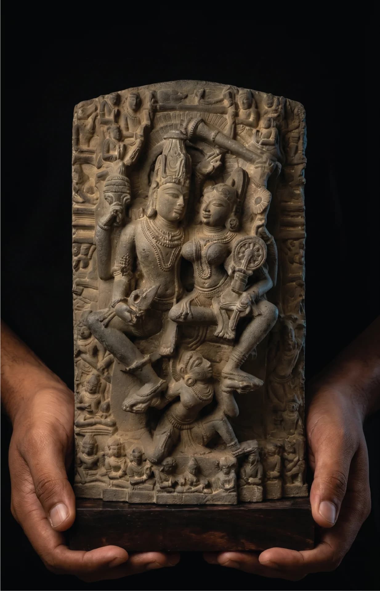 A pair of hands holds a detailed Lakshmi Narayan Sculpture, a stone-finish museum replica featuring intricate 12th-century style carvings.