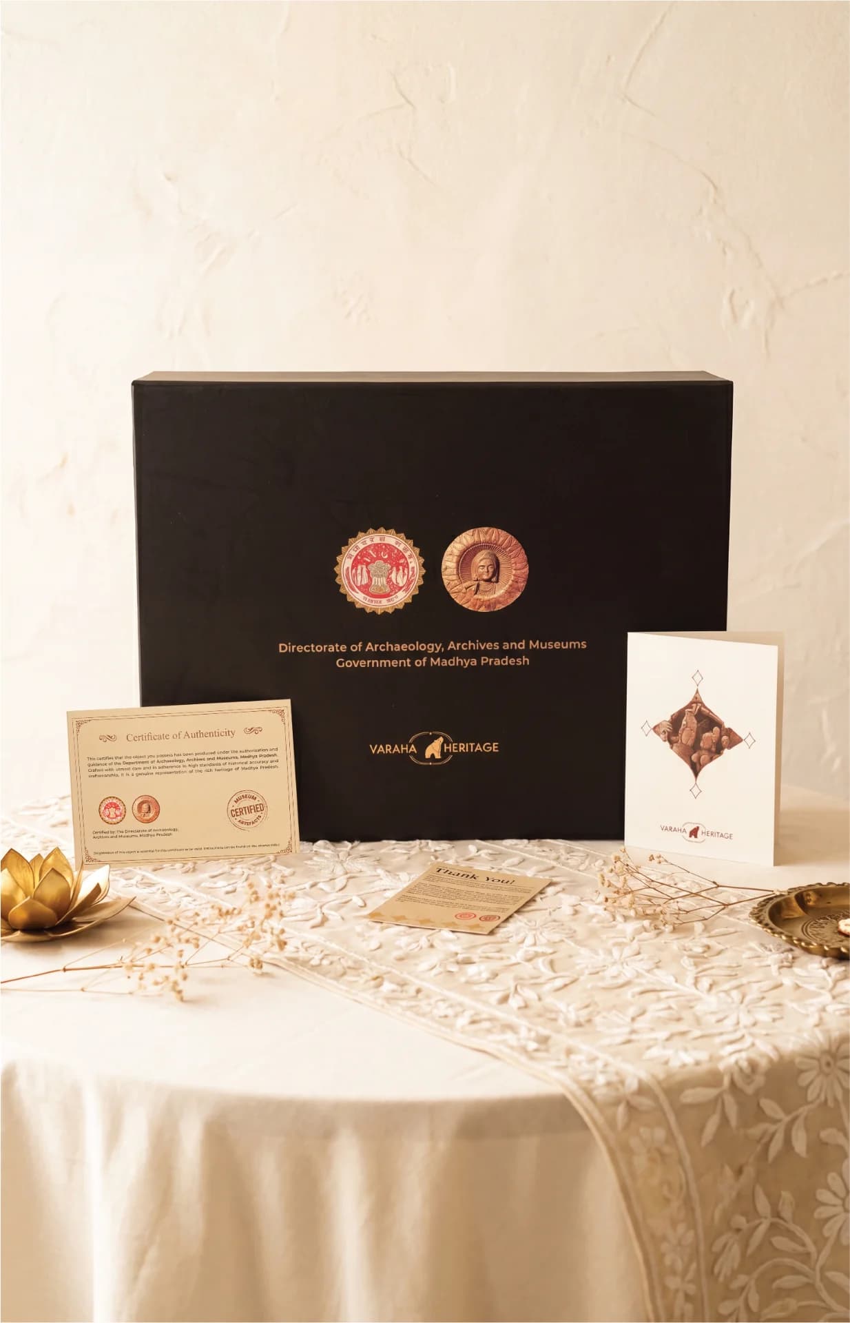 The Lakshmi Narayan Sculpture arrives in a premium black gift box accompanied by an official government certificate of authenticity.