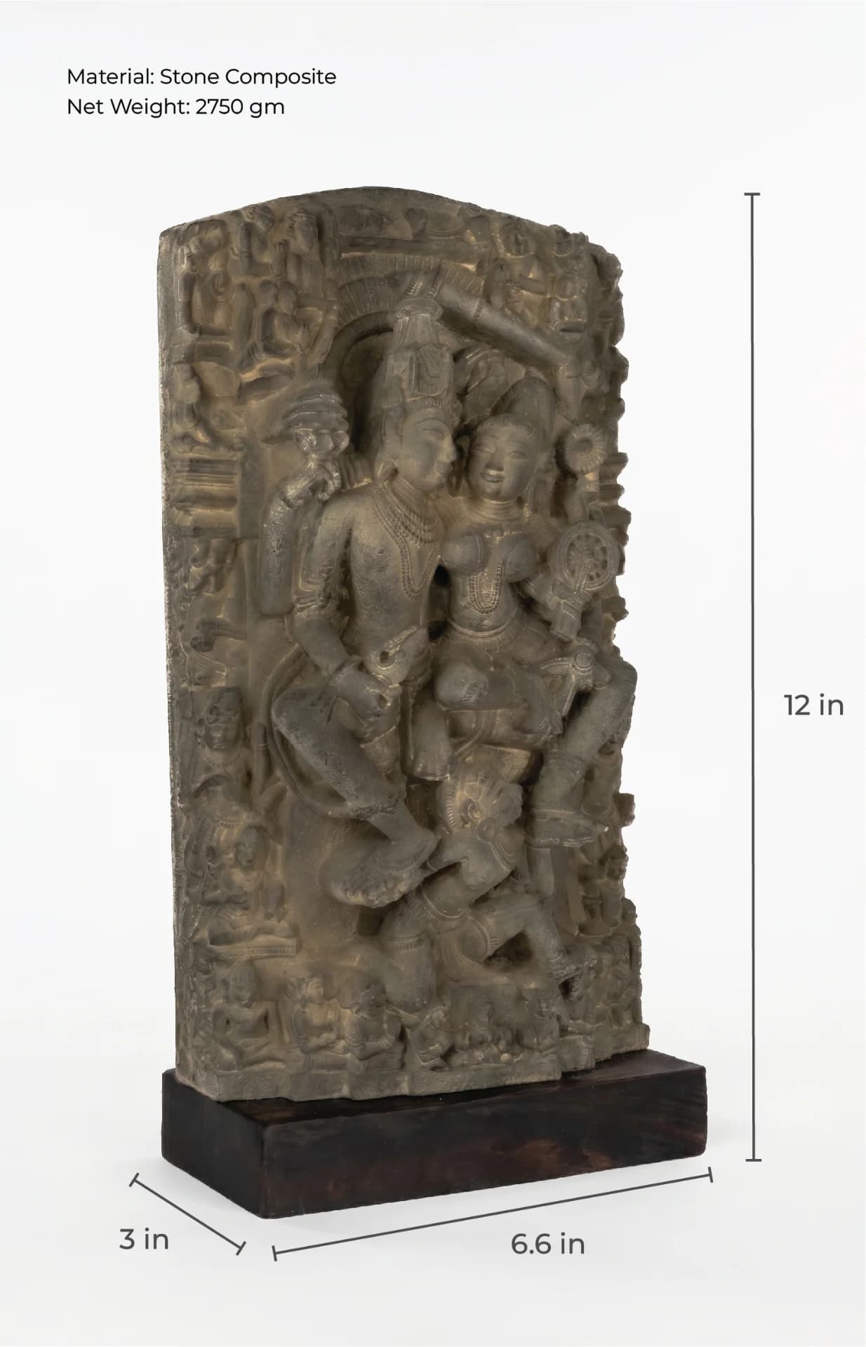 A three-quarter view of the Lakshmi Narayan Sculpture, a stone composite museum replica showing intricate 12th-century style carvings.