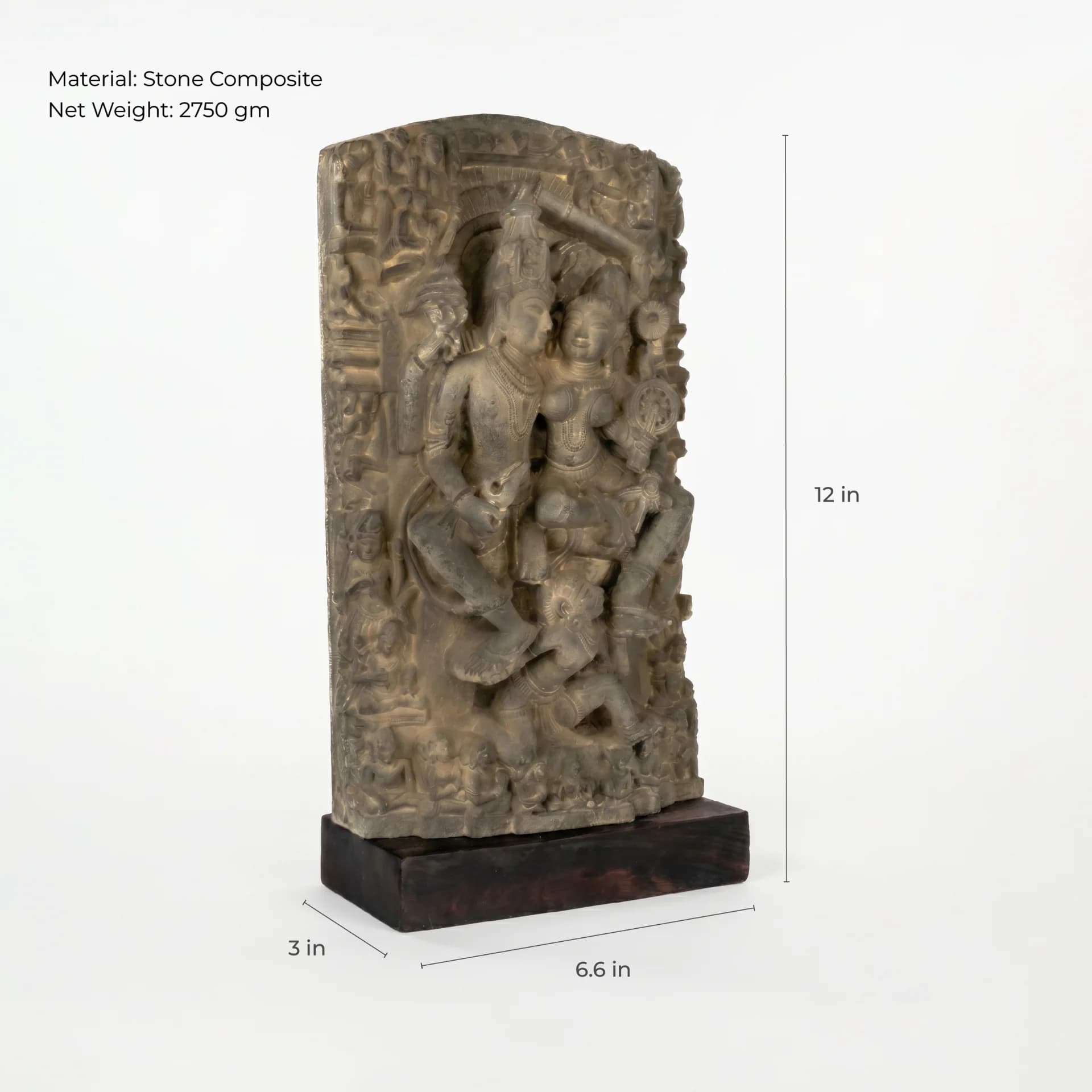 A stone composite Lakshmi Narayan Sculpture 12 Inch replica shown from a three-quarter angle with measurement lines indicating height, width, and depth.