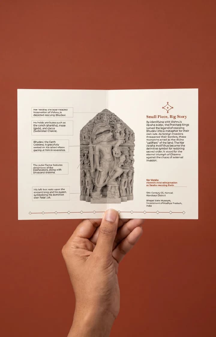 A hand holds an informational brochure featuring the Nar Varaha Sculpture, a detailed stone composite replica with descriptive annotations.