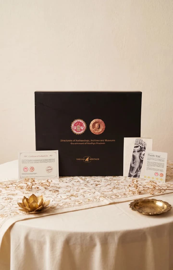 The Nar Varaha Sculpture arrives in a premium black presentation box alongside museum-certified authenticity documents and a thank you card.