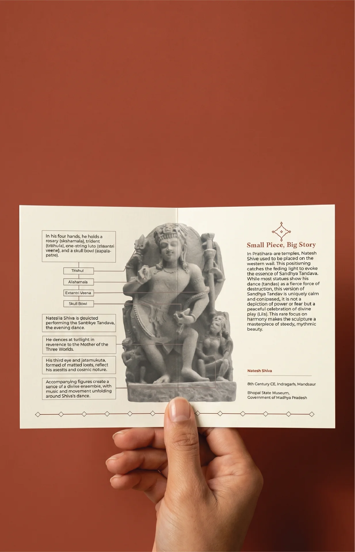 A hand holds an informational card featuring the Natesh Shiva Sculpture, showcasing detailed stone composite carvings and historical context.