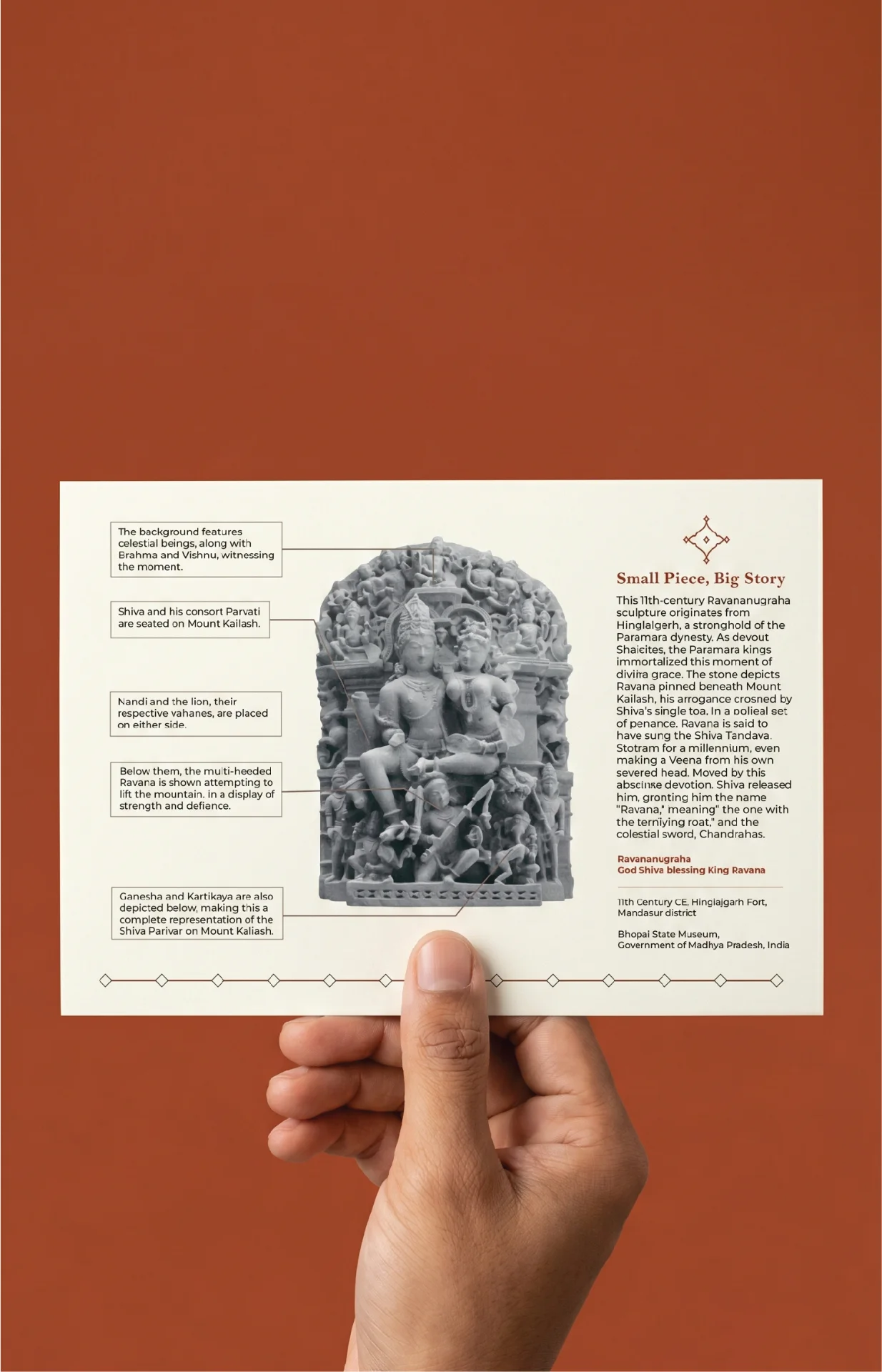 A hand holds an informational card featuring the Ravananugraha Sculpture, displaying detailed stone composite relief carvings and historical context.