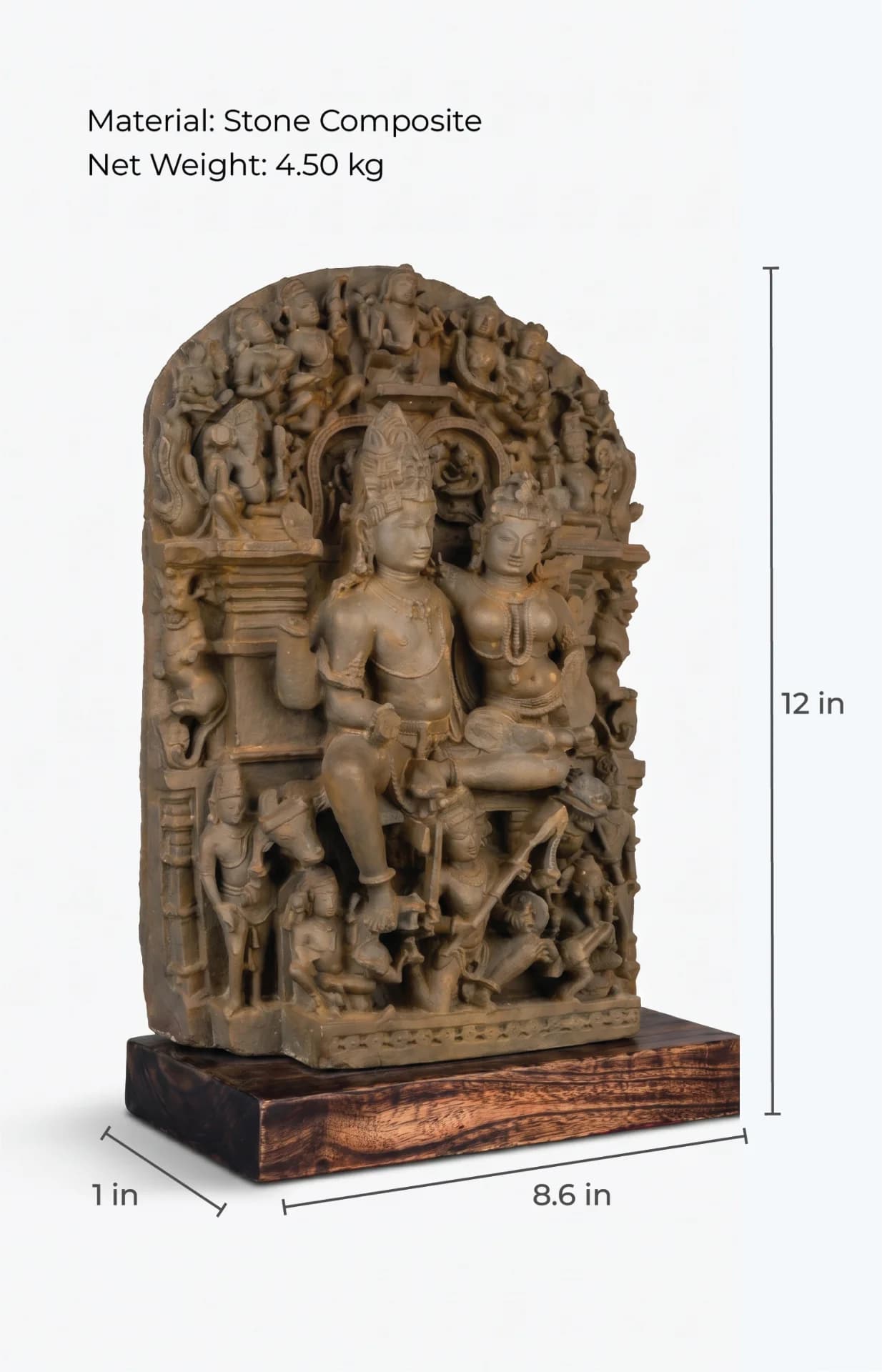 The Ravananugraha Sculpture replica in stone composite, shown from a three-quarter angle with annotated height and width measurements.