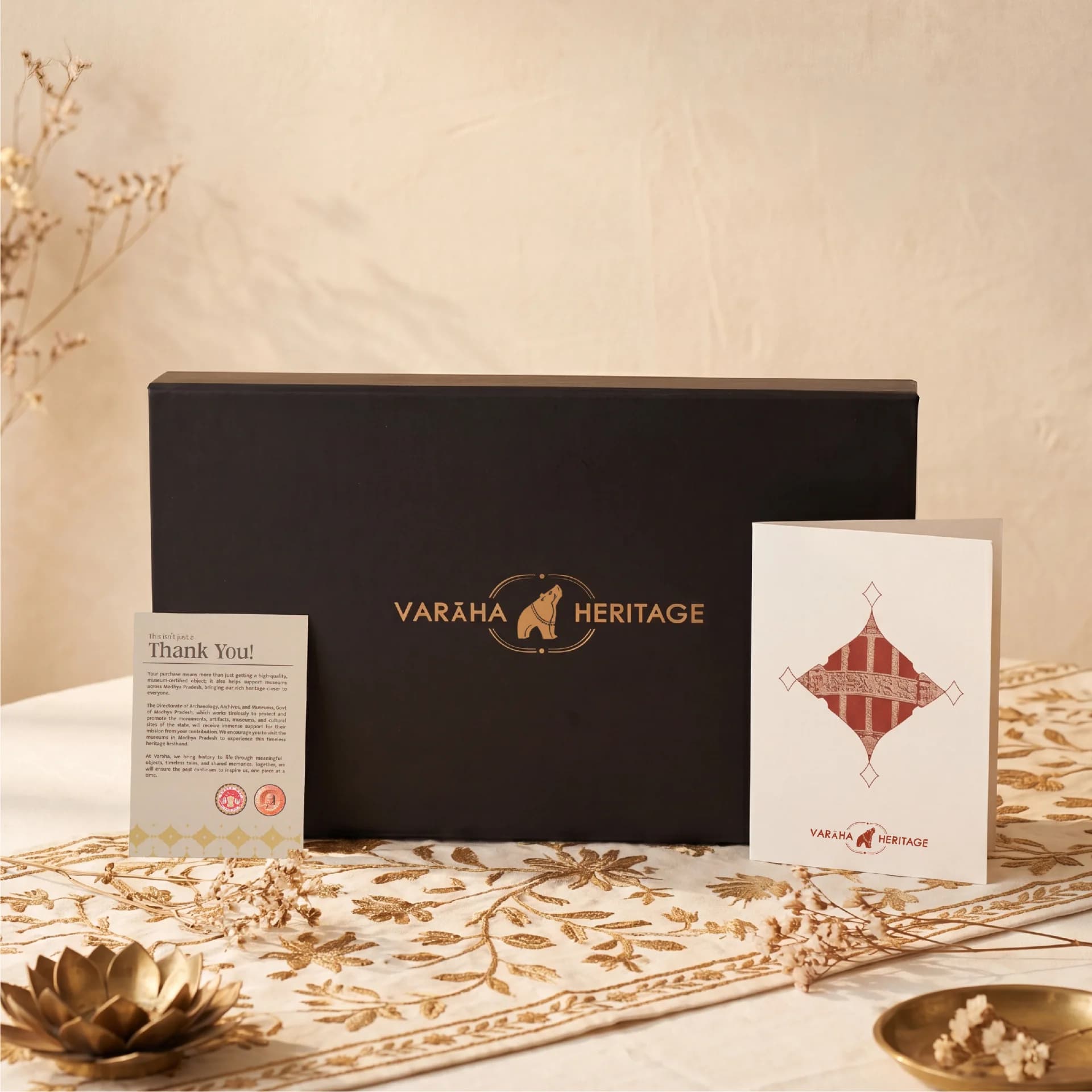 The Sanchi Torana Gateway Miniature arrives in a premium black gift box, accompanied by a thank you note and informational card.