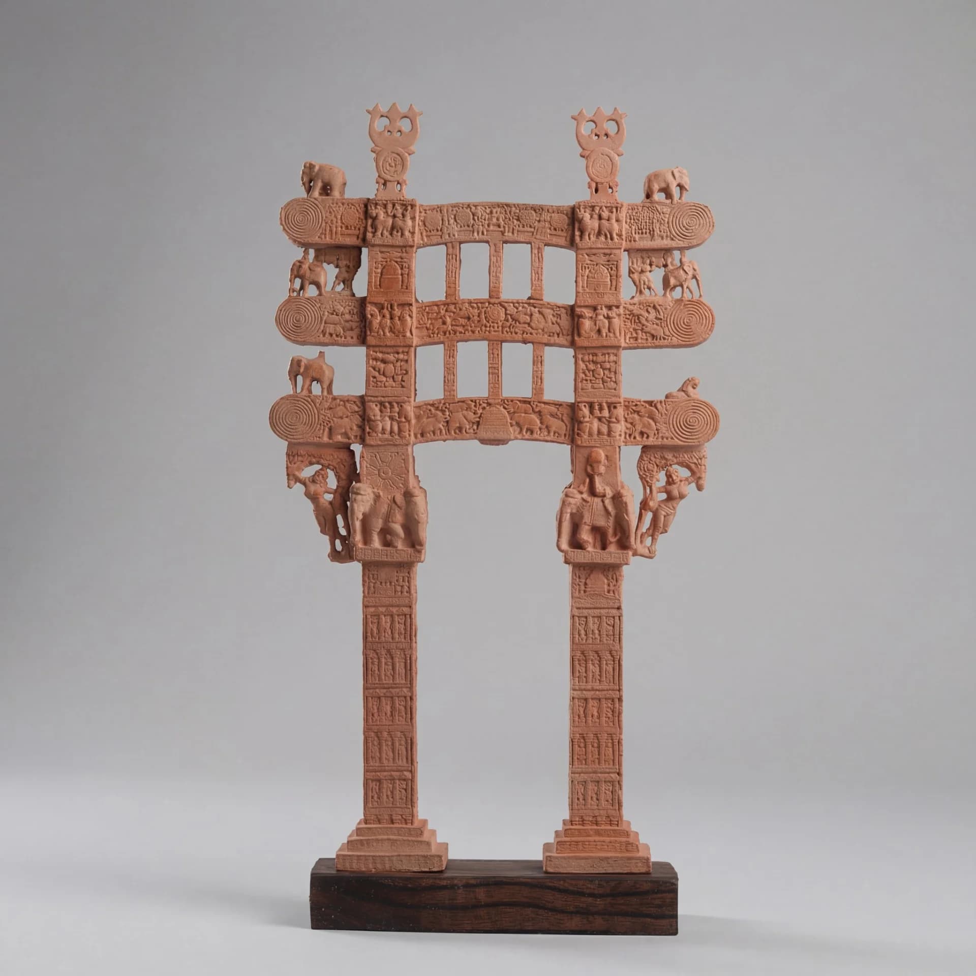 A full front view of the Sanchi Torana Gateway Miniature, a detailed stone composite replica featuring intricate Buddhist carvings.
