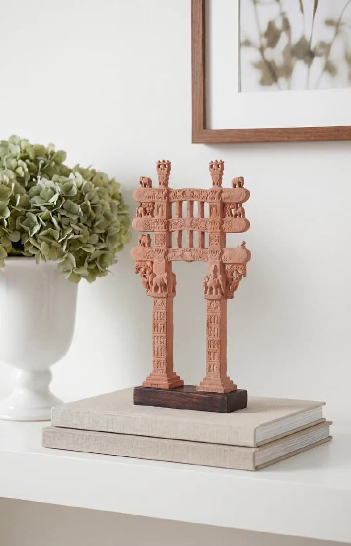 A Sanchi Torana Gateway Miniature made of stone composite, displayed on a wooden base atop stacked books.