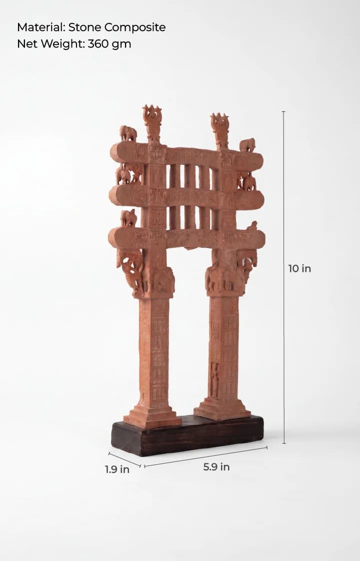 A full view of the Sanchi Torana Gateway Miniature, a stone composite replica showing detailed carvings and dimensions.