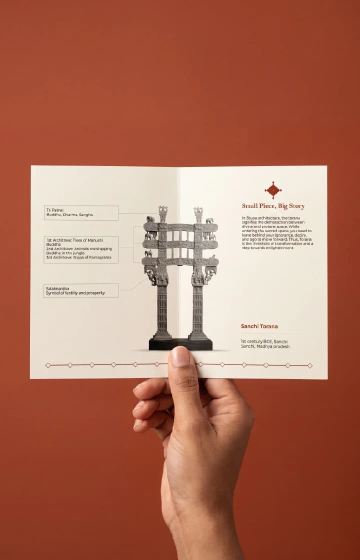 A hand holds an informational brochure featuring the Sanchi Torana Gateway Miniature, a detailed stone composite replica with educational annotations.
