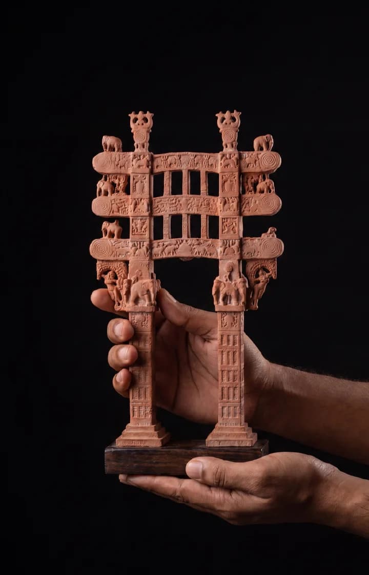 A pair of hands holds a stone composite Sanchi Torana Gateway Miniature against a plain black background.